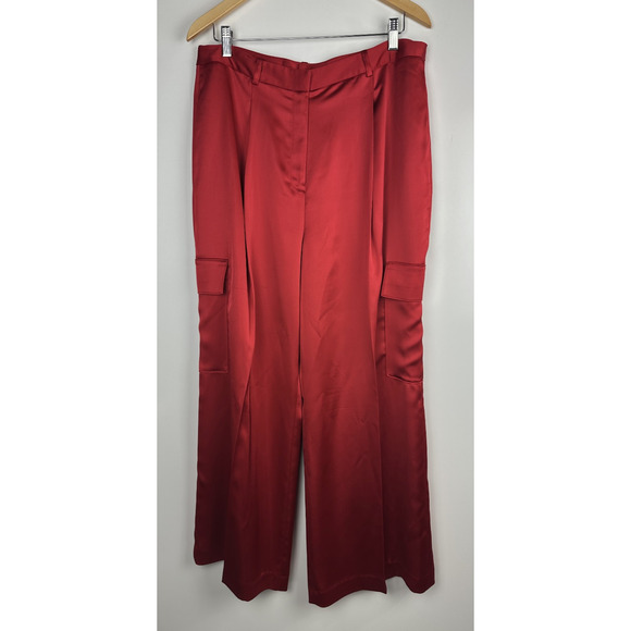 NWT Alex Marie Sandra Wide Leg Cargo Pants Size 14 Crimson Satin Holiday Red - Picture 2 of 12